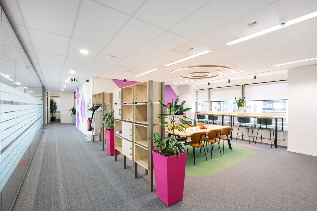 Open en moderne kantoorruimte met natuurlijke materialen, kleurrijke accenten en flexibele werkplekken.